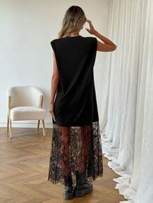 SHEIN LUNE 女士休闲纯色蕾丝拼接无袖长连衣裙，适合日常穿着、通勤和时尚场合。 - 黑色 - 查看 2