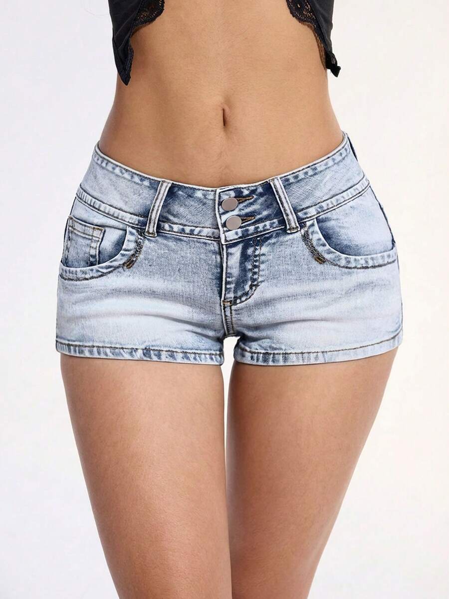 Jeanoix Women's Casual Everyday Pocketed Button Fly Low Waist Denim Shorts - Blue - View 1
