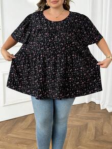 SHEIN CURVE+ 大码女式碎花圆领短袖休闲衬衫，夏季女装，度假女装，波西米亚风假日装，秋季女装，秋季服装，教师装 - 彩色 - 查看 3