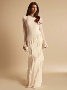 SHEIN BAE Cream White,Autumn,Elegant,Formal Women's High Neck Bodycon Ruffle Hem Long Sleeve Midi Dress,Suitable For Cocktail Party,Bridesmaid & Date - Apricot - View 3