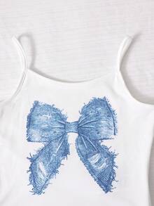 SHEIN ChillGRL 3pcs Girls Bow Strap Top With Cutout Shoulder Design And Bowknot Wide Leg Pants, Suitable For Outing And Travel In Early Autumn - Blue - View 3