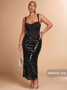SHEIN BAE Chân váy sequin trơn màu thanh lịch dành cho nữ cỡ lớn, thích hợp cho đầu thu. - màu đen - Xem 3