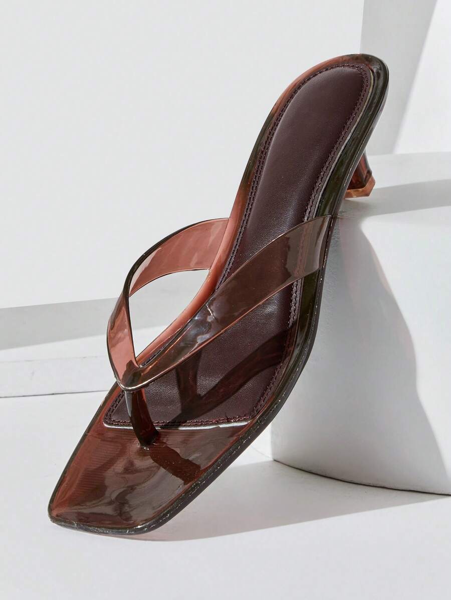 Solezae Women's Square Toe Casual Clear Kitten Heel Thong Sandals Summer Shoes - Coffee Brown - View 1