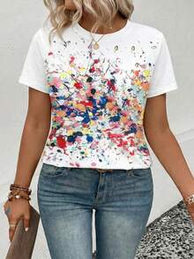 EMERY ROSE New Plus Size Women Fashion Printed & Spray Painted Round Neck Short Sleeve T-Shirt - Multicolor - View 4