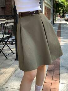 Livesso Casual Pleated Waist Elastic Waist Skirt, Elegant Office/Commute Wear, Spring/Summer - Khaki - View 2