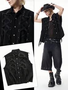 ROMWE MEN Goth 男士牛仔哥特式系带背心 - 黑色 - 查看 10
