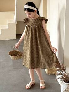 DAZY Tween Girl Allover Print Ruffle Hem Round Neck Casual Dress - Green - View 1