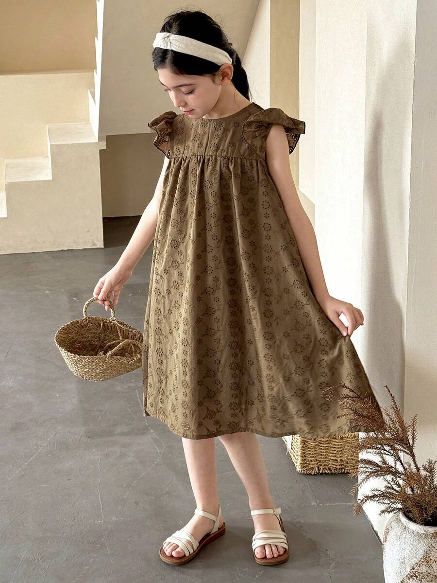 DAZY Tween Girl Allover Print Ruffle Hem Round Neck Casual Dress - Green - View 1