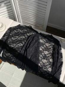 SHEIN EZwear 2 pezzi Maglie nere versatili in pizzo per donne taglie forti, autunno/inverno - nero - Visualizzare 2