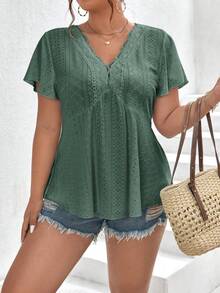 SHEIN Frenchy 荷叶边撞色蕾丝蝴蝶袖娃娃T恤 - 綠色 - 查看 1