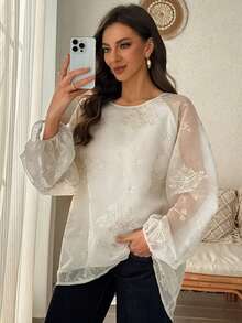 Vivie Lora Damen Pailletten Stickerei Loose Crew Neck Pullover Bluse - Weiss - Übersicht 4