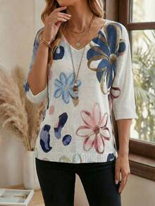 EMERY ROSE 女士优雅休闲度假3D数码印花V领宽松针织衫 - 彩色 - 查看 4