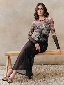 Anewsta Women's Elegant Black Floral Mesh Floral Print Round Neck Long Sleeve Fishtail Hem Slim Fit Autumn Party Night Maxi Sheer Dress - Black - View 4