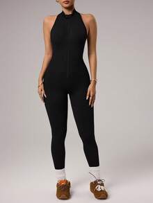 Dewbera 1pc Women's Seamless Front Zipper Mandarin Collar Racerback Sexy Backless Camisole & Cropped Jumpsuit For Running, Fitness, Yoga - Black - View 3