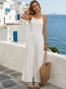 Breezaya Women's Summer Refreshing Vacation White Pleated Hollow Lace Trim Waist Jumpsuit, Suitable For Beach Vacation, Beach Stroll, And Daily Wear - White - View 4