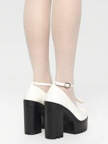 ROMWE Kawaii Women's Sexy Party Nightclub Platform Chunky Heel Shoes, Spring And Autumn Fashionable Closed-Toe T-Strap Metal Adjustable Buckle Ankle Strap Comfortable High-Heeled Mary Jane Shoes. Valentine's Day - White - View 5