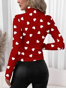 SHEIN Clasi 女士休闲爱心印花高领T恤，适合情人节、秋冬季、早春叠穿 - 彩色 - 查看 2