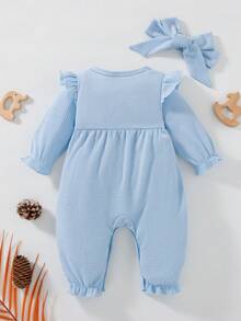Baby Girls' Round Neck Ruffle Trim Bowknot Decor Waffle Romper - Blue - View 2