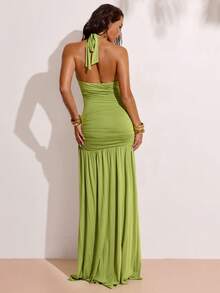 SHEIN BAE Đầm xanh trơn xẻ tà cao, đầm dài đi biển cổ yếm thanh lịch, đầm dệt kim modal, đầm sang trọng, trang phục dự tiệc cưới, đầm dự tiệc trưa. - màu xanh lá - Xem 2