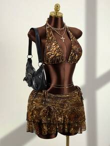 Zestiva 女士豹纹三角罩杯挂脖系带高衩褶皱网纱荷叶边下摆三件套吊带泳衣套装 - 彩色 - 查看 8