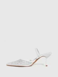 CUCCOO SZL Pointed Toe Backless High Heel White Mesh Rhinestone Elastic Strap Women's Stilettos, Fashionable, Sexy, Elegant French Style Open Toe Pumps - White - View 5