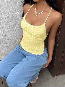 SHEIN Unity Fashionable Hollow Out Vacation Style Knit Top - Light Yellow - View 4