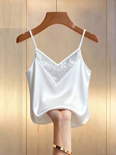 SHEIN PETITE CURVE Plus Size Women's Elegant Casual Glamorous Sexy Party Sequin Patchwork Camisole And Tank Top, Spring/Summer