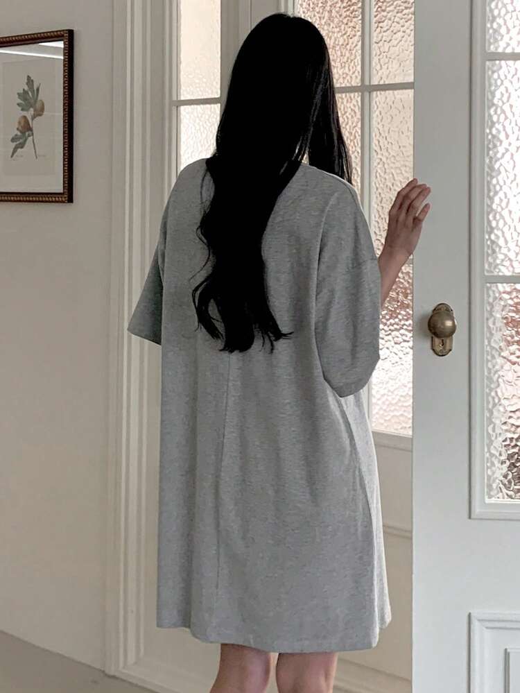 Contrast Color Crochet Pocket Decor Loose T-Shirt Style Women Nightgown