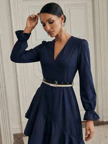 Anewsta Elegant Women's Double Ruffle Hem V-Neck Patchwork Dress - Navy Blue - View 6