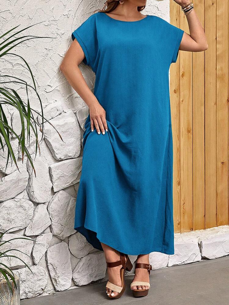 Plus Size Summer Casual Solid Color Batwing Sleeve Dress, Summer Dresses