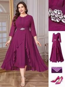 Ellevyn 大码女式优雅水晶装饰收腰连衣裙，秋冬款 - 中紫紅色 - 查看 8