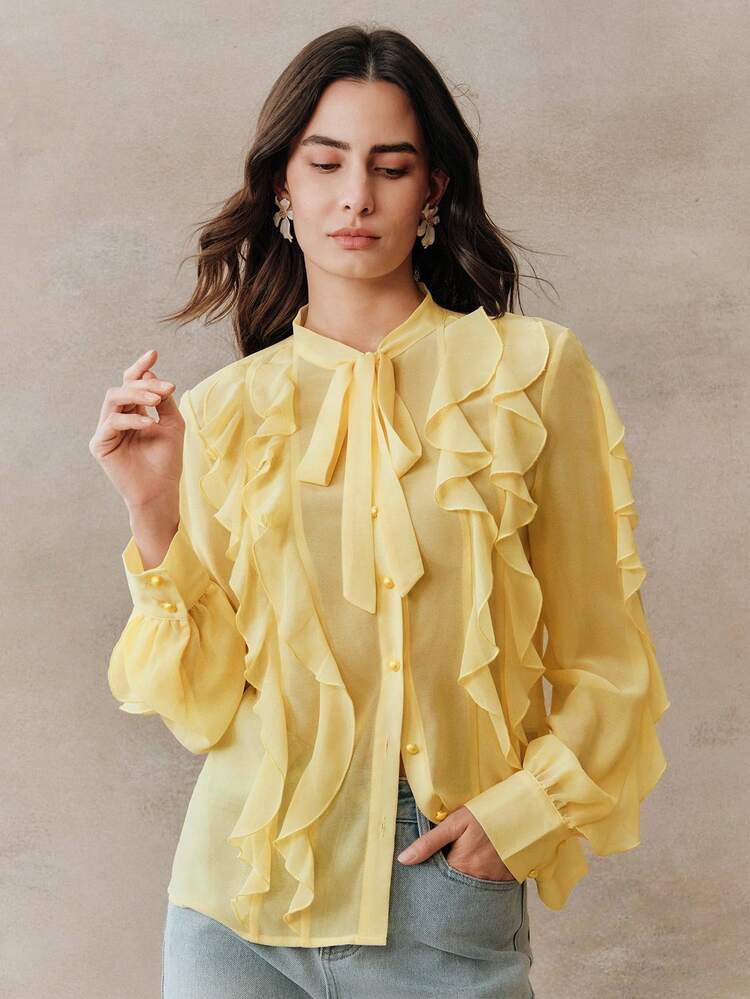 Elegant Women's Blouse, Minimalist Commuter Tie-Front Ruffle Trim Long Sleeve Blouse In Soft Yellow