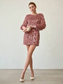 MOTF PREMIUM WOMEN'S ROUND NECK SEQUIN MINI DRESS, AUTUMN/WINTER - Dusty Pink - View 1