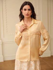 ZEYLAH Lightweight Lace Patchwork Long Sleeve Shirt, Spring - Apricot - View 4