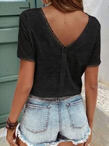 SHEIN Frenchy Heart Embroidery Contrast Lace Trim V Neck Tee,Summer Top - Black - View 2