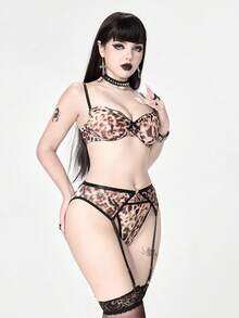 ROMWE Grunge Punk 3pcs Women's Gothic Punk Mesh Leopard Print Underwire Bra, Thong, And Garter Belt Sexy Lingerie Set - Multicolor - View 5