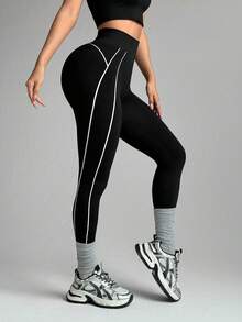 SHEIN Sports 女士无缝黑色九分紧身裤，白色线条设计，适合健身、瑜伽和日常穿着 - 黑與白 - 查看 3