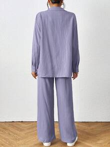 SHEIN PETITE Conjunto casual de 2 piezas de camisa de manga larga de un solo pecho y pantalones de unicolor para mujer - Morado - Ver 2