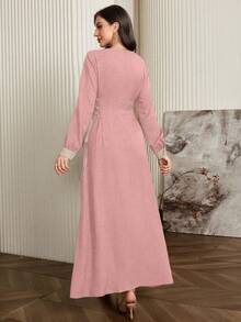 Modelyn Vestido elegante con cordón ajustable en la cintura y tirantes delgados con ribete de color contrastante - Rosa - Ver 4