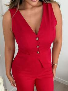 Maria Perezxox 女士优雅无袖背心和裤子套装，商务/通勤风格，夏季 - 酒紅色 - 查看 3