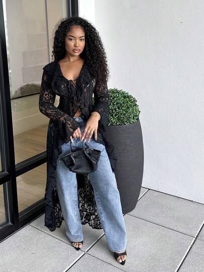 Alexandranx Glamine Vår & Sommar Romantisk Semester Volang Elegant Spets Genomskinlig Dam Lång Tunn Kappa Westernkläder Dam Spetskappa Spetskappa Dam Halloween Spetstopp Höst Vinterkappa För Damer