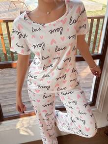 SHEIN Simple Letter & Heart Print Knit Pajama Set, Girly Style - Multicolor - View 5