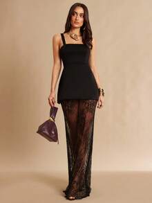 Silquee 两件套黑色露脐紧身吊带背心和蕾丝边迷你裙，适合约会、毕业典礼、音乐会、伴娘礼服、婚礼、浪漫场合，简约风格，优雅日常穿着，露肩黑色连衣裙，吊带背心和薄纱半裙套装 - 黑色 - 查看 3