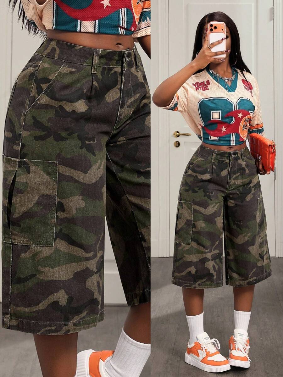 Slaydiva Women's Casual Camouflage Denim Capri Pants - Army Green - View 1