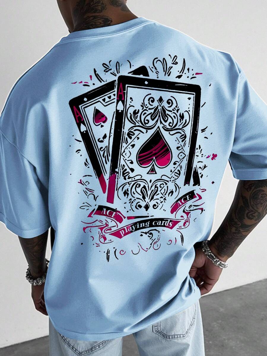 Manfinity LEGND 男士扑克印花圆领宽松休闲短袖T恤 - 淺藍色 - 查看 1