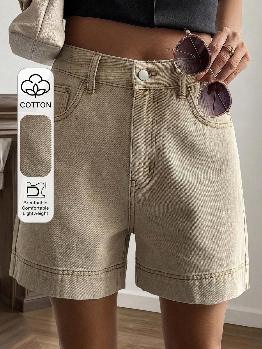 Livesso 高腰休闲纯色女式牛仔短裤 - 卡其色 - 查看 1