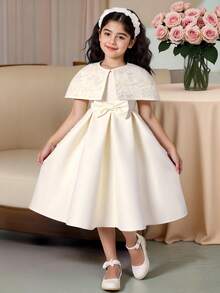 SHEIN Summer 7th Birthday Ivory Princess Two Pieces Solid Satin Dress With Bow,High-End Embellished Jacquard Formal Party Dresses For Girls And Children - Multicolor - View 5