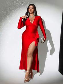 Viva Relle Valentine's Day Elegant V-Neck Sequin Fabric Flattering Fit Ruffle Hem High Slit Sexy Party Dress, Unique Design, Red Slim Fit Sophisticated Style, Plus Size Long Maxi Dress - Red - View 5