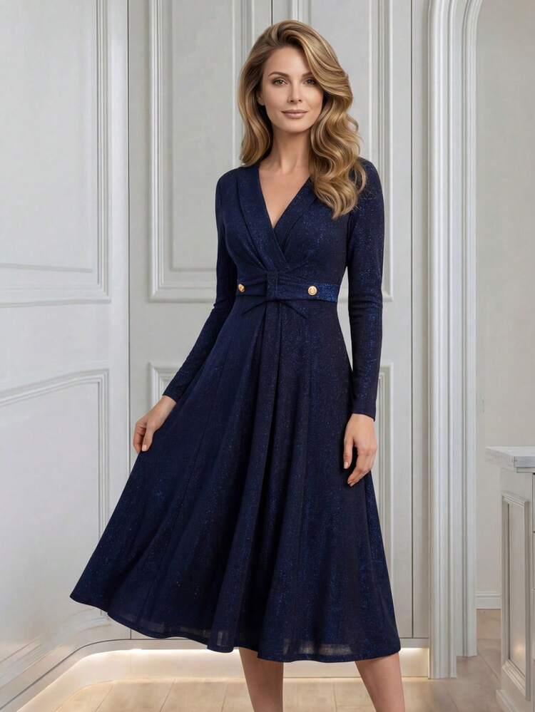Vestido midi de unicolor elegante con cintura ceñida, adecuado para ir al trabajo