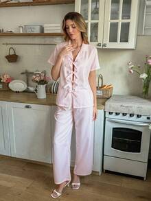 SHEIN 女士睡衣两件套，短袖上衣和长裤，浪漫条纹印花，粉色家居服 - 淺粉色 - 查看 2